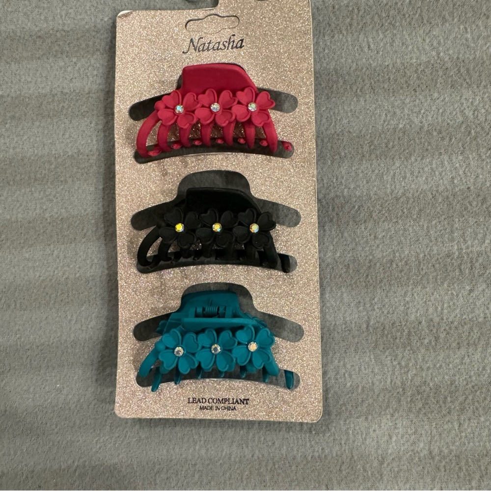 BNWOT Natasha Couture Hair Clip Set - Fuchsia, Black, Turquoise
